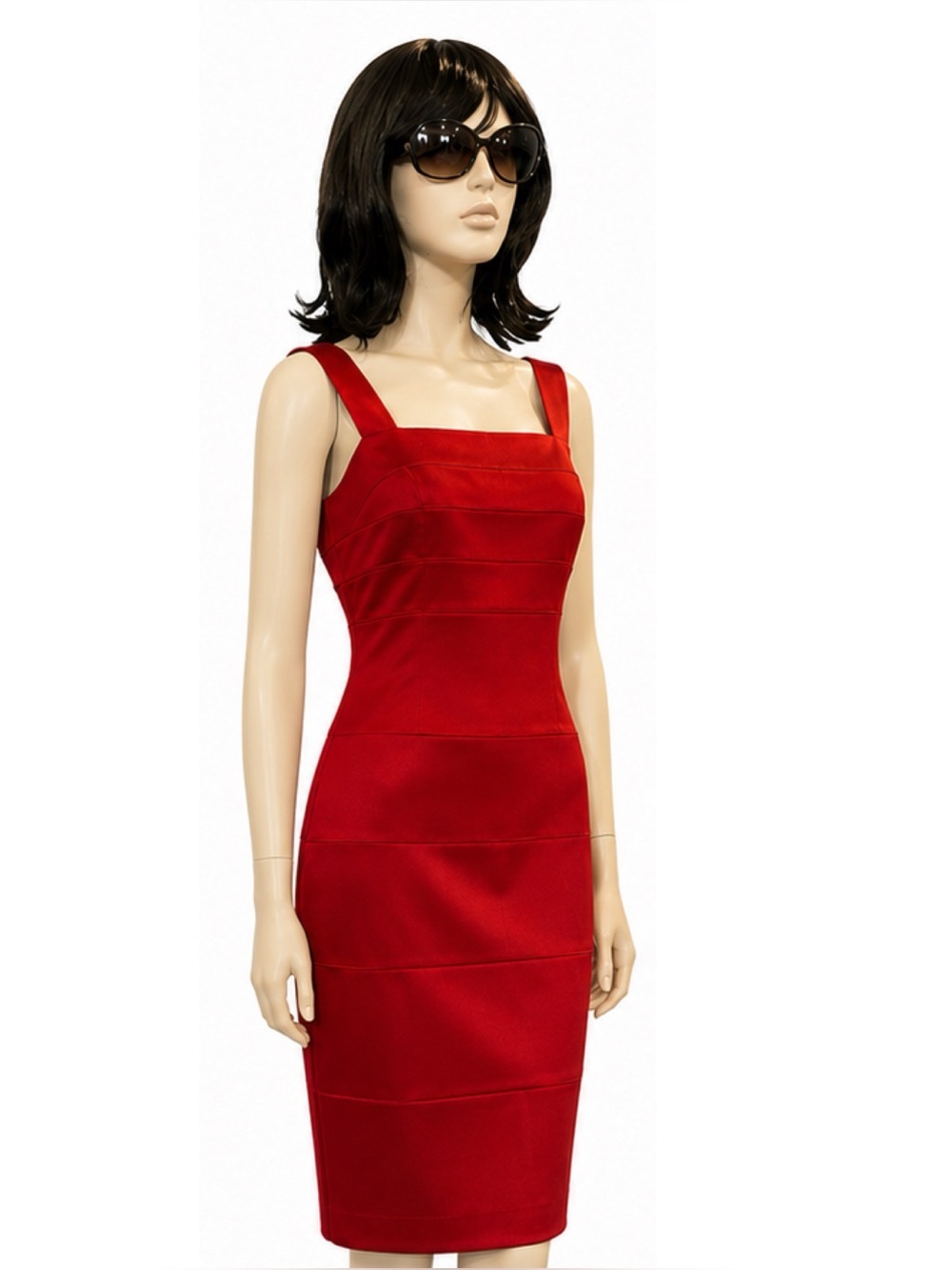 Cache Red Satin Bodycon Dress | Sleeveless Square Neck Size 6
